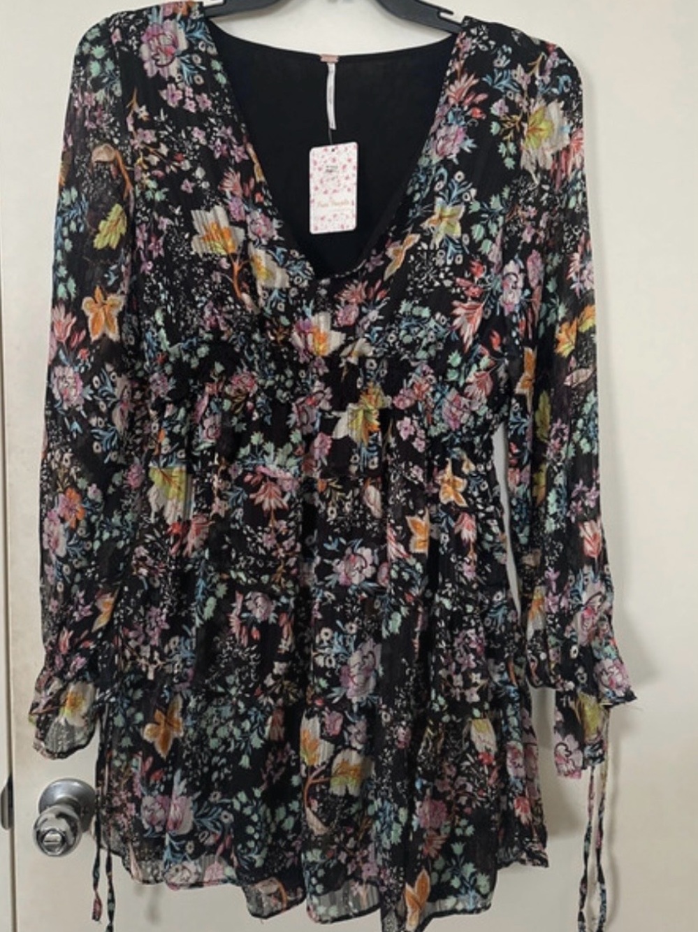 Free People Black Floral Mini Dress with Multicolor Blooms